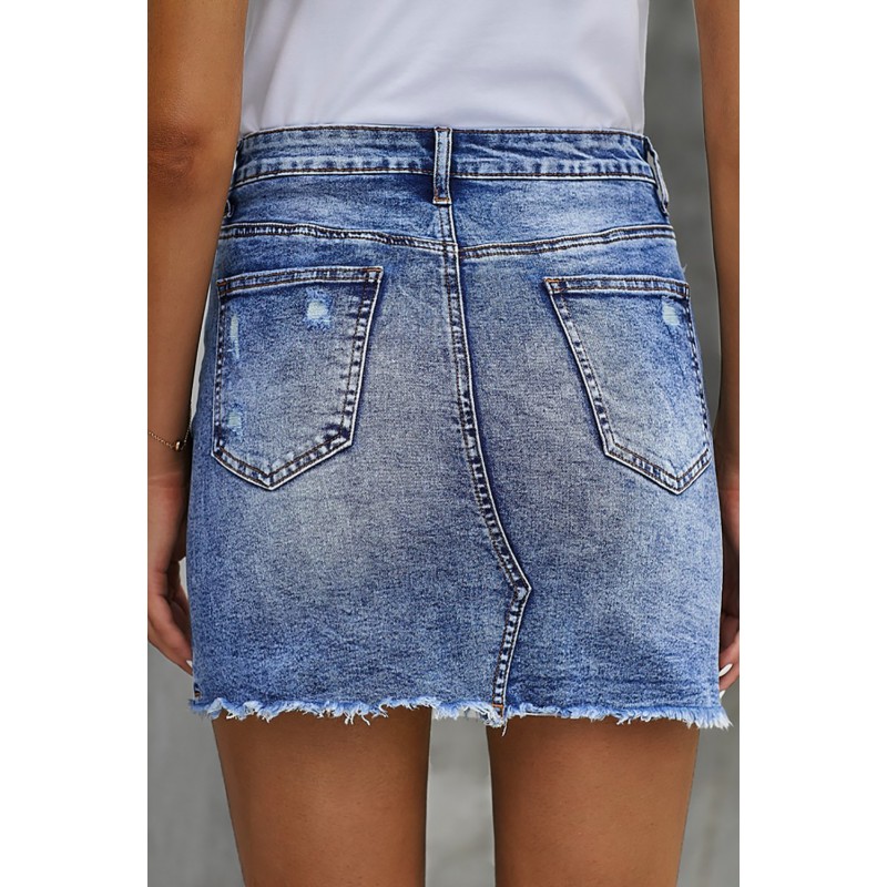 Blue Distressed Raw Hem Denim Skirt