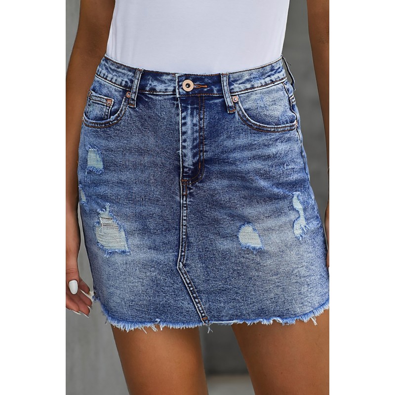 Blue Distressed Raw Hem Denim Skirt