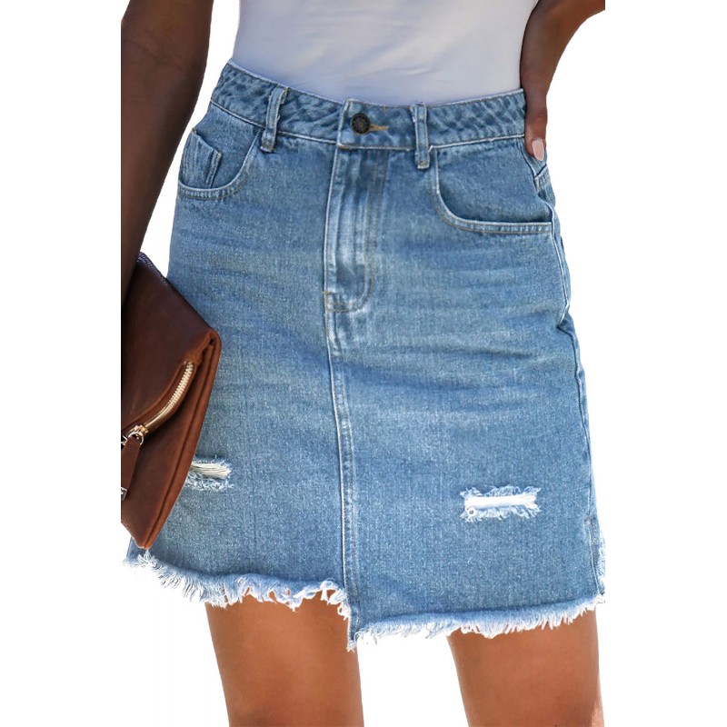 Sky Blue Pocketed Raw Hemline Short Denim Skirt