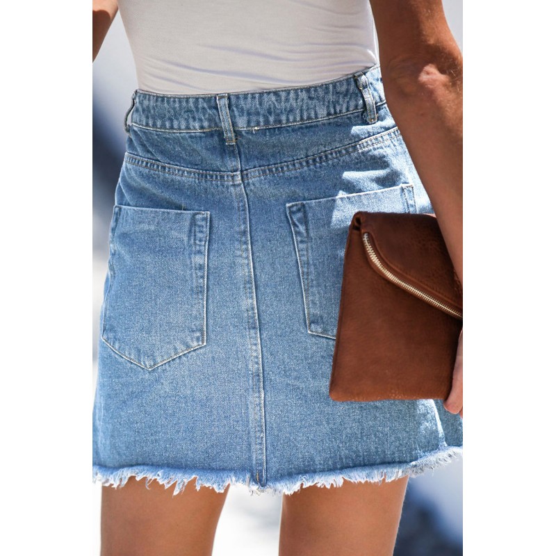 Sky Blue Pocketed Raw Hemline Short Denim Skirt