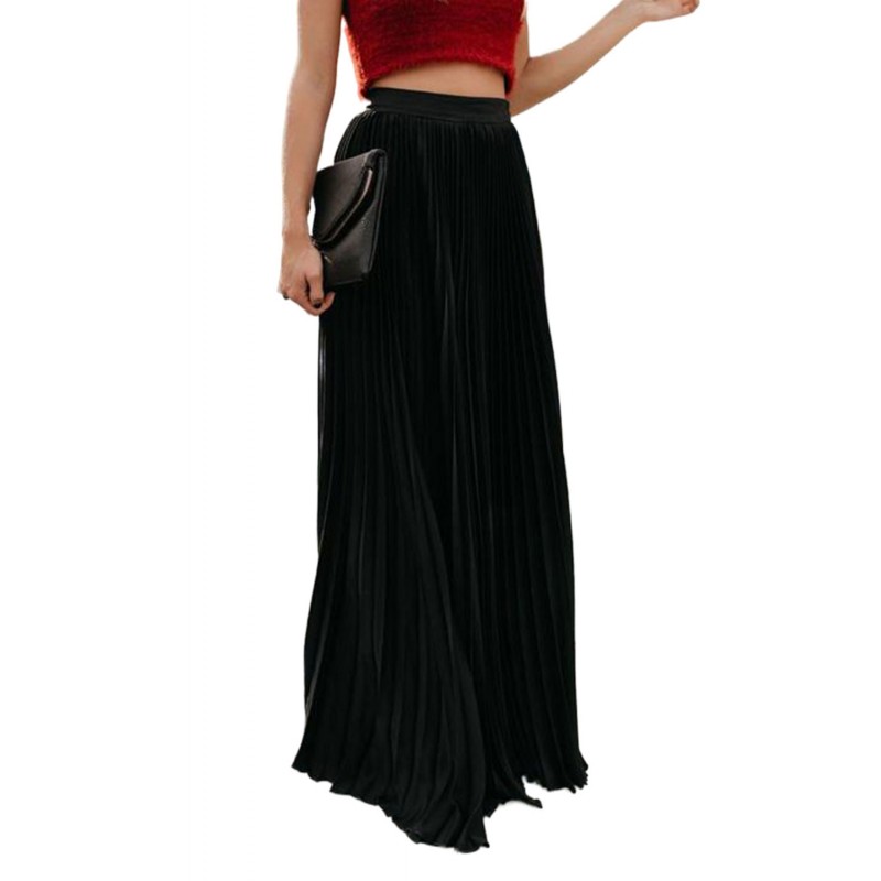 Black High Waisted Pleated Maxi Skirt