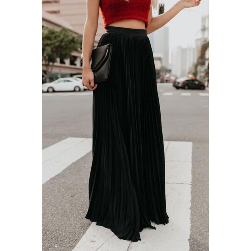 Black High Waisted Pleated Maxi Skirt