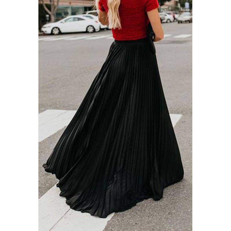 Black High Waisted Pleated Maxi Skirt