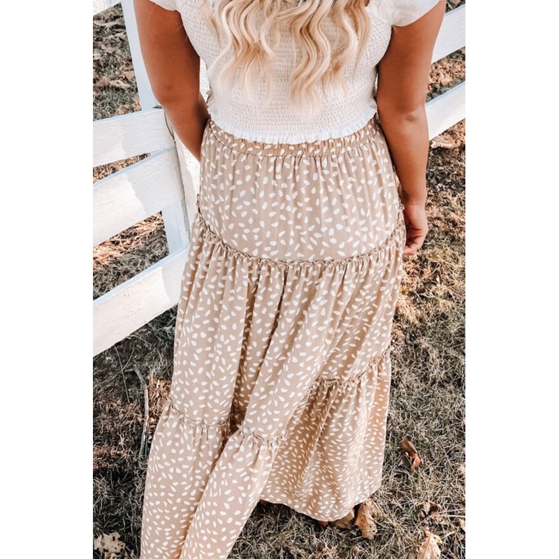 Smocked Ruffled Tiered Spots High Waist Maxi Skirt