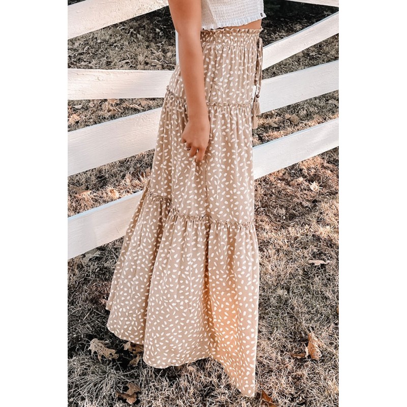 Smocked Ruffled Tiered Spots High Waist Maxi Skirt