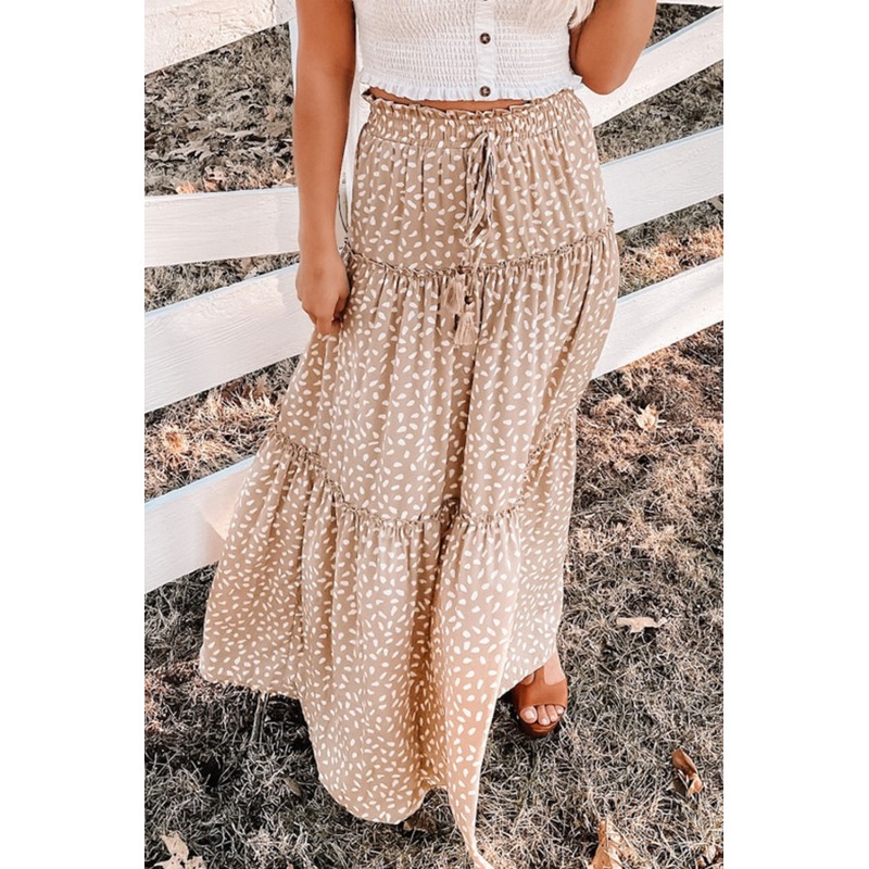 Smocked Ruffled Tiered Spots High Waist Maxi Skirt