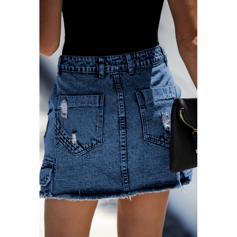 Blue High Waist Distressed Denim Mini Skirt with Pocket