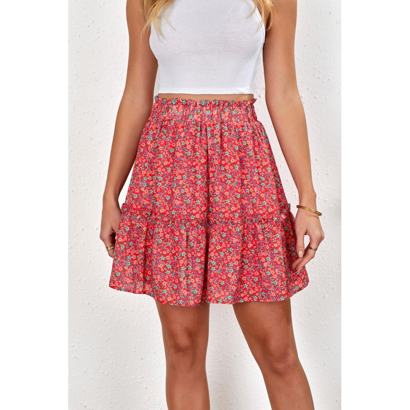 Red Floral Print Elastic Waist Skirt