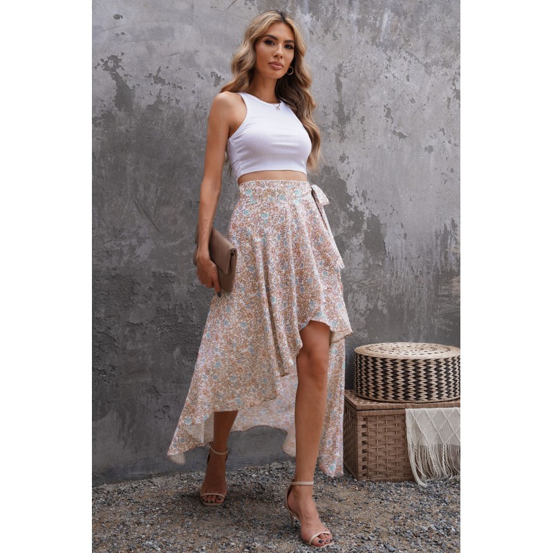 Wrap Style High-low Ruffle Hemline Floral Skirt