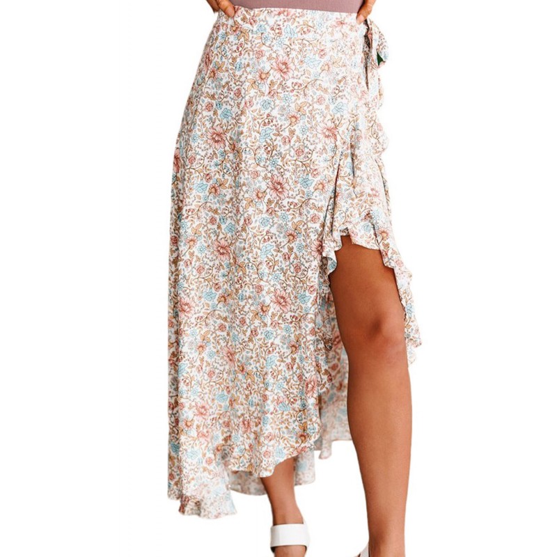 Wrap Style High-low Ruffle Hemline Floral Skirt