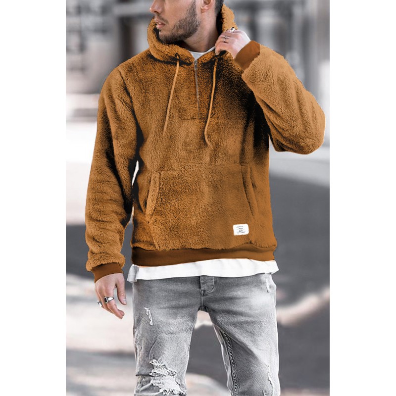 Brown 1/4 Zip Fleece Men's Hoodie with Pocket