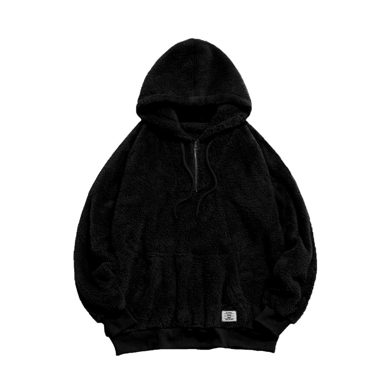 Black 1/4 Zip Fleece Men's Hoodie with Pocket