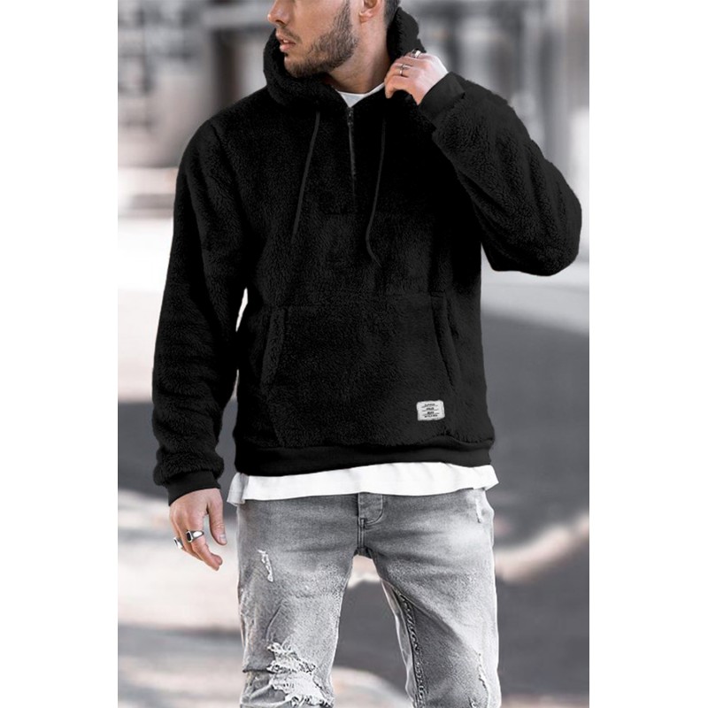 Black 1/4 Zip Fleece Men's Hoodie with Pocket