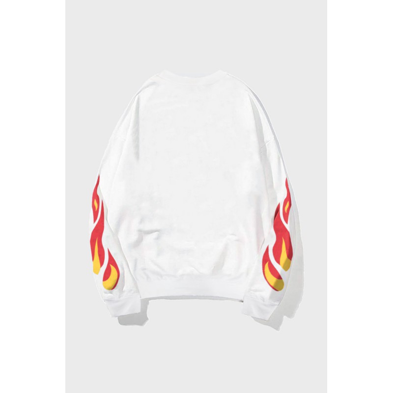 White Letters Flame Print Crew Neck Men's Graphic Sweatshirt