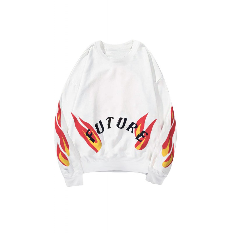 White Letters Flame Print Crew Neck Men's Graphic Sweatshirt