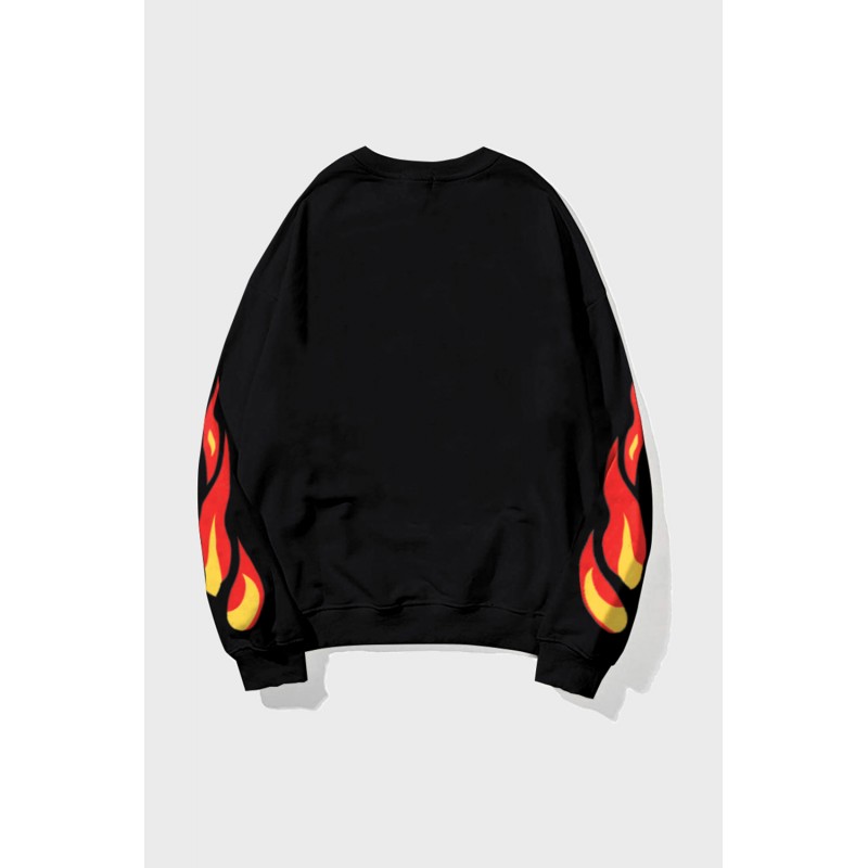 Black Letters Flame Print Crew Neck Men's Graphic Sweatshirt