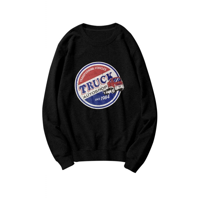 Black Graphic Letter Print Crew Neck Men's Pullover Sweatshirt