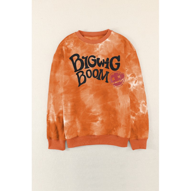 orange Tie-dyed Letter Print Crew Neck Men's Graphic Sweatshirt