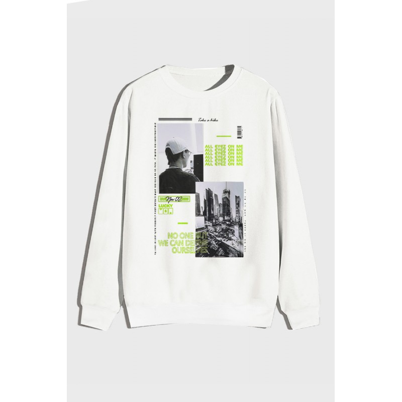 White Letter Pattern Print Crew Neck Men's Graphic Sweatshirt