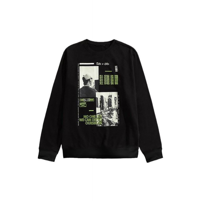 Black Letter Pattern Print Crew Neck Men's Graphic Sweatshirt