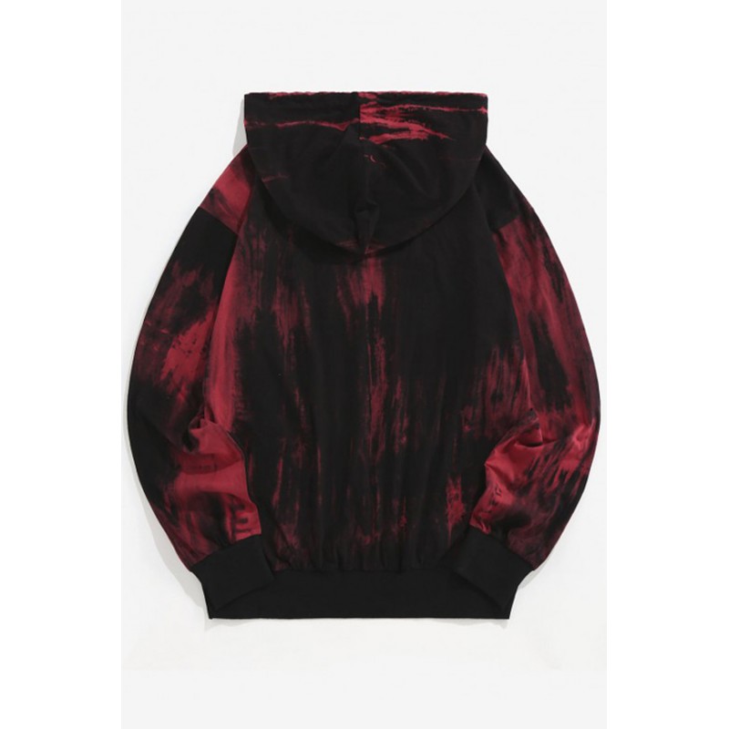 Red Tie-dyed Print Kangaroo Pocket Men's Hoodie