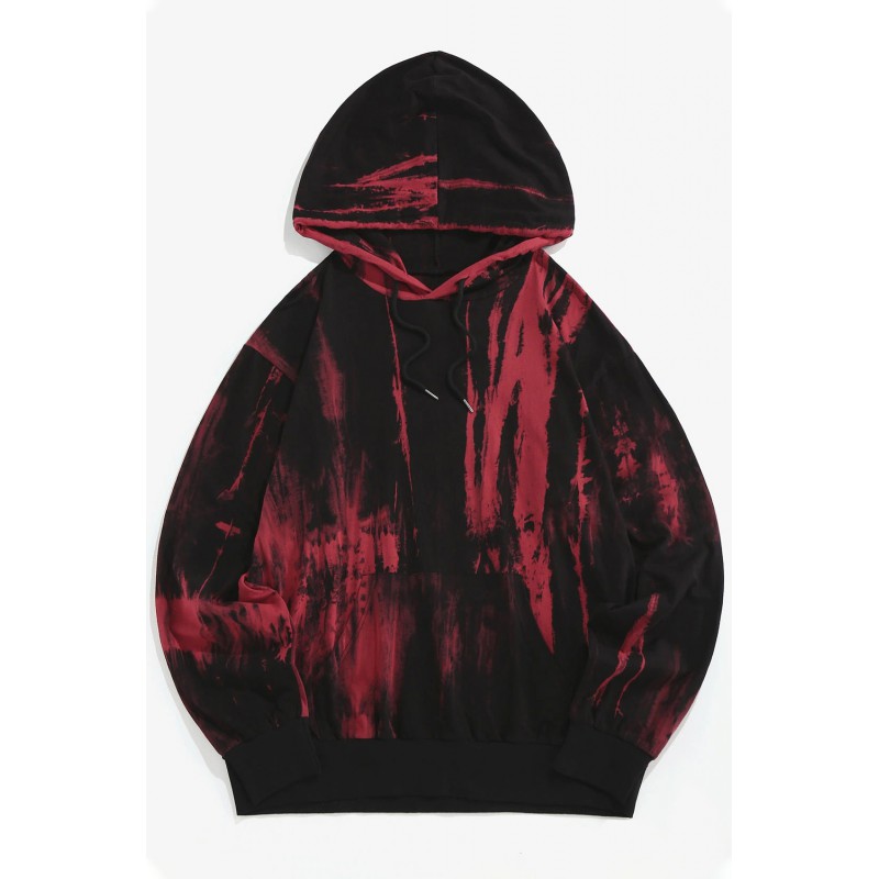 Red Tie-dyed Print Kangaroo Pocket Men's Hoodie