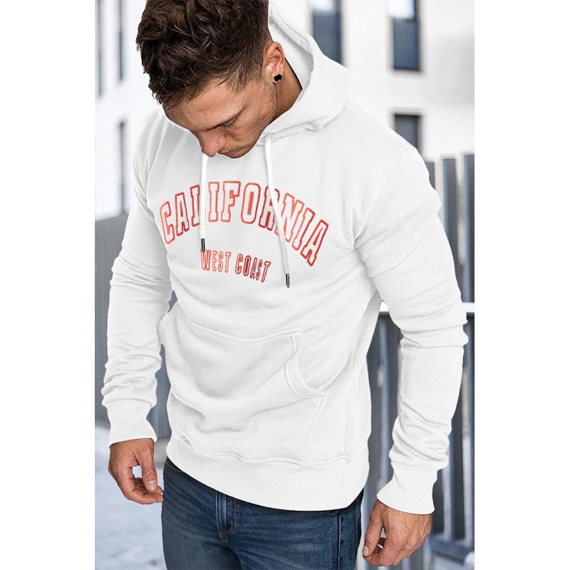 White Letter Print Men's Hoodie with Kangaroo Pocket