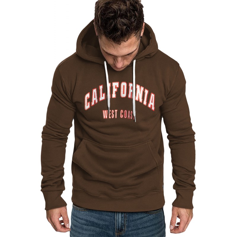 Brown Letter Print Men's Hoodie with Kangaroo Pocket