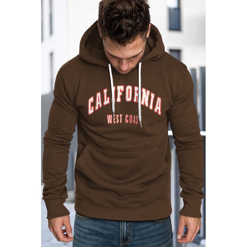 Brown Letter Print Men's Hoodie with Kangaroo Pocket