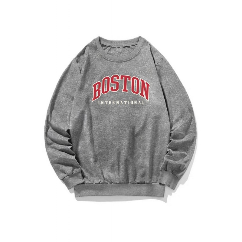 Gray BOSTON Letters Print Crew Neck Men's Pullover Sweatshirt