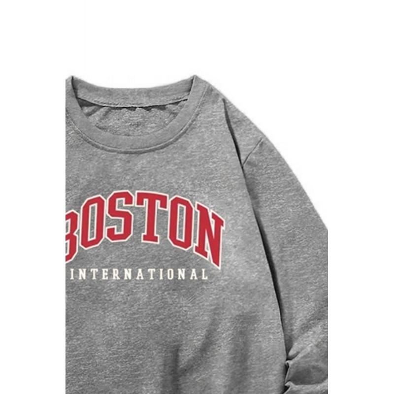 Gray BOSTON Letters Print Crew Neck Men's Pullover Sweatshirt