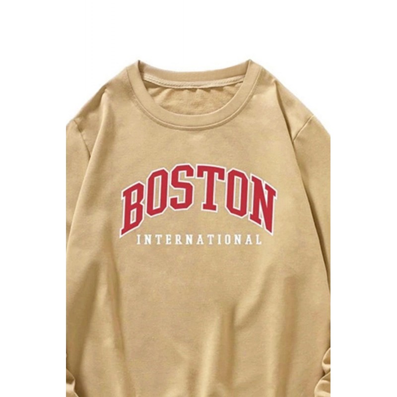 Khaki BOSTON Letters Print Crew Neck Men's Pullover Sweatshirt