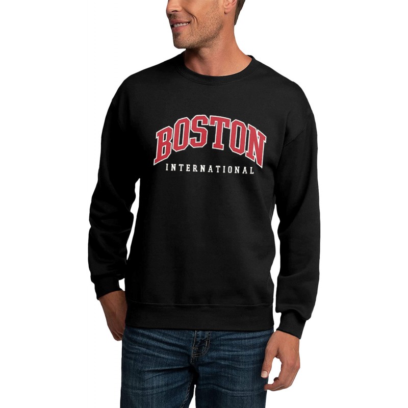 Black BOSTON Letters Print Crew Neck Men's Pullover Sweatshirt