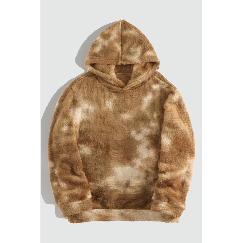 Brown Tie-dyed Print Men's Sherpa Hoodie