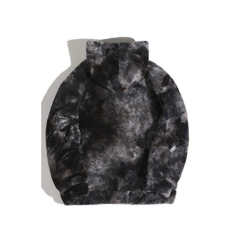 Black Tie-dyed Print Men's Sherpa Hoodie