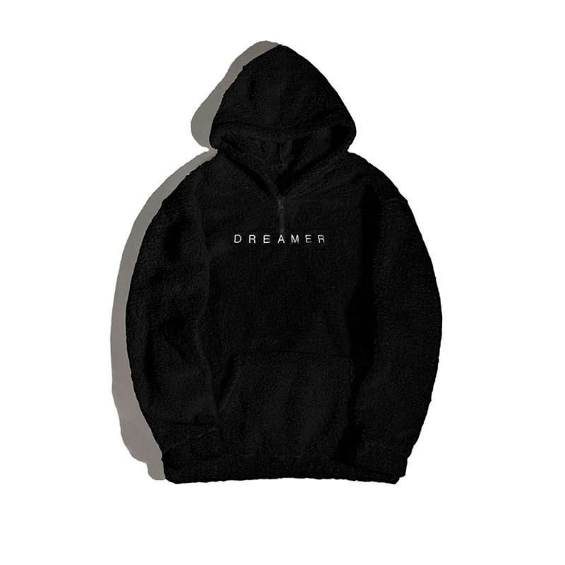 Black Letter Embroidered Long Sleeve Men's Sherpa Hoodie