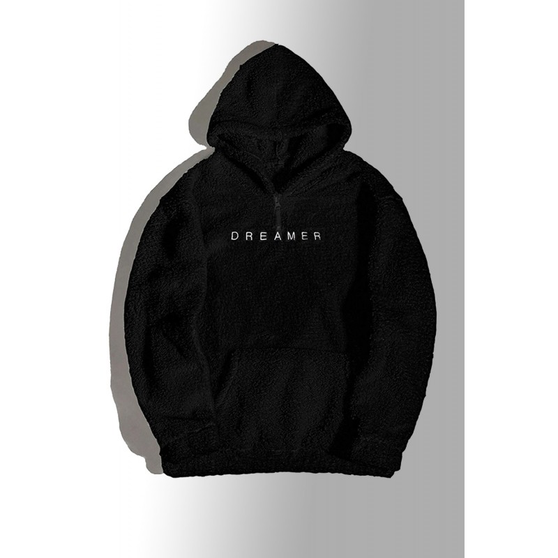 Black Letter Embroidered Long Sleeve Men's Sherpa Hoodie