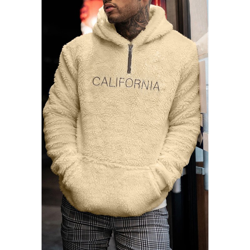 Apricot Letter Embroidered Quarter Zip Men's Sherpa Hoodie