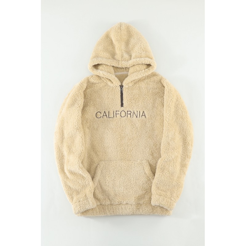 Apricot Letter Embroidered Quarter Zip Men's Sherpa Hoodie