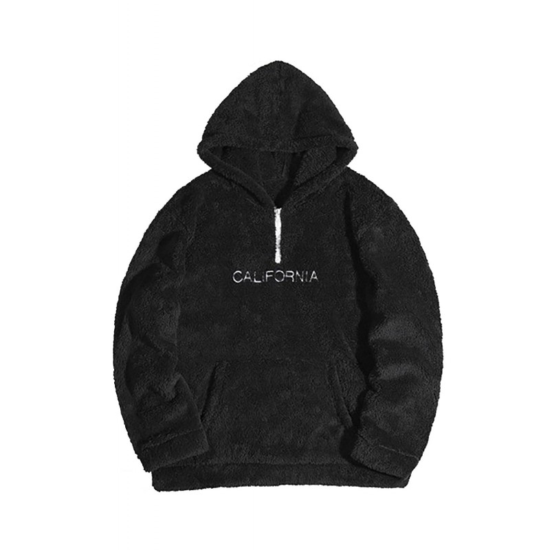 Black Letter Embroidered Quarter Zip Men's Sherpa Hoodie