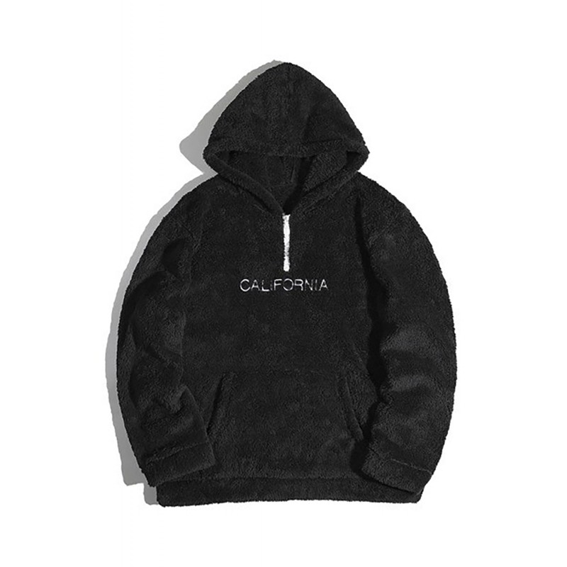 Black Letter Embroidered Quarter Zip Men's Sherpa Hoodie