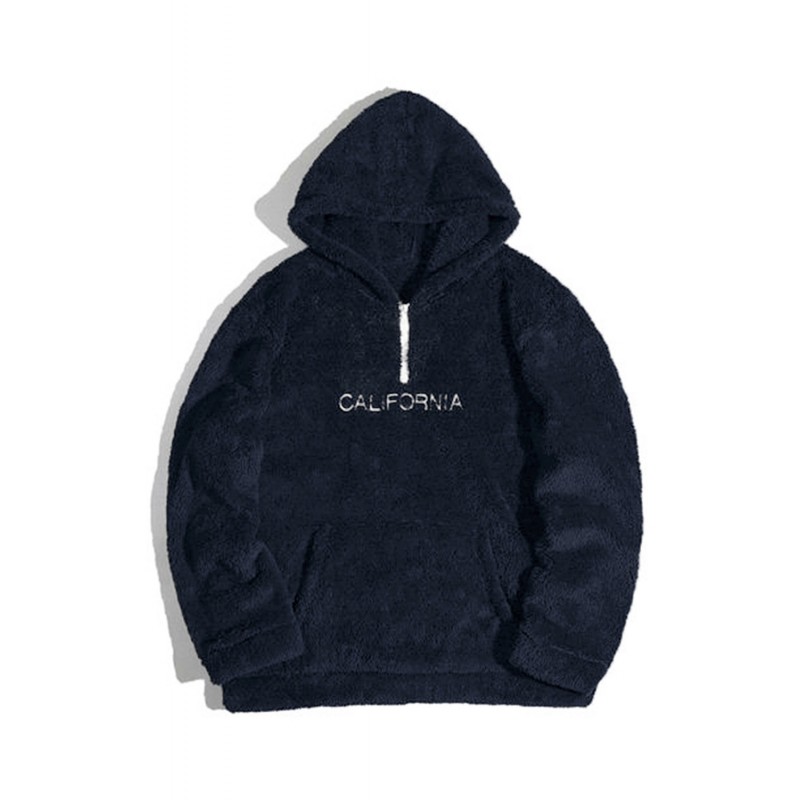 Blue Letter Embroidered Quarter Zip Men's Sherpa Hoodie