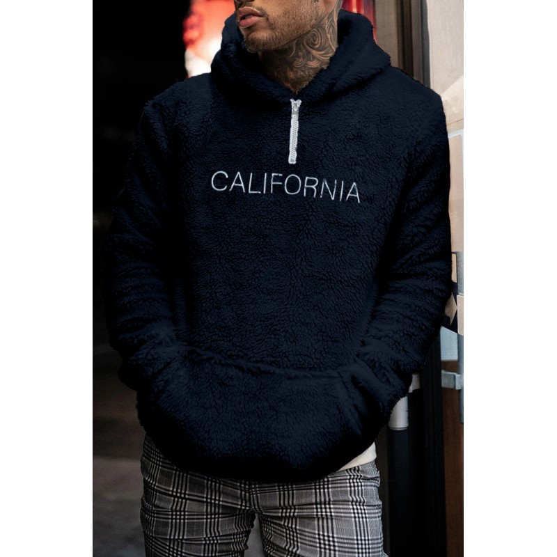 Blue Letter Embroidered Quarter Zip Men's Sherpa Hoodie