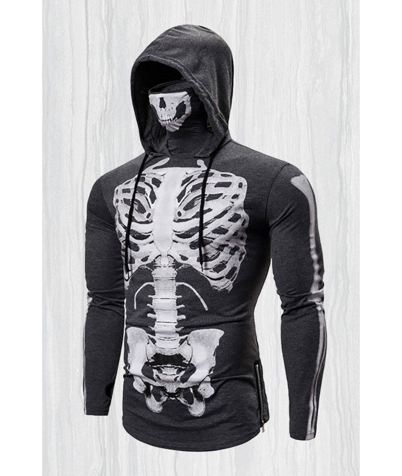 Gray Halloween Skeleton Print Slim-fit Men's Graphic Hoodie