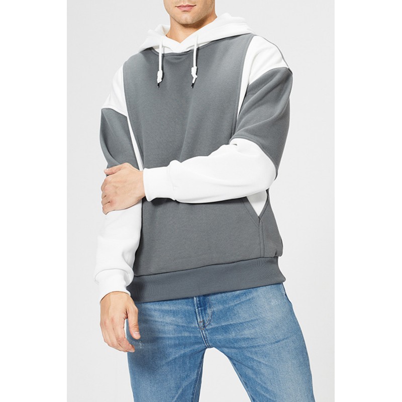 White Men Colorblock Pullover Long Sleeve Hoodie