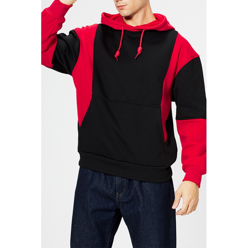 Red Men Colorblock Pullover Long Sleeve Hoodie