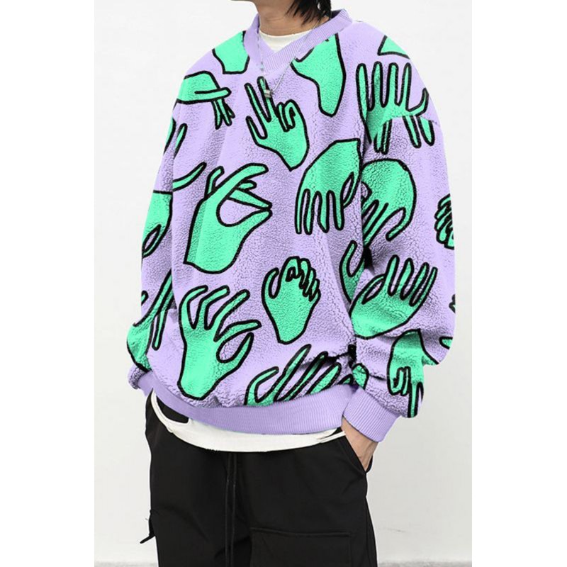 Gesture Print Sherpa Pullover Men Hoodie