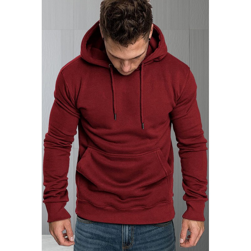 Burgundy Long Sleeve Pullover Men Hoodie