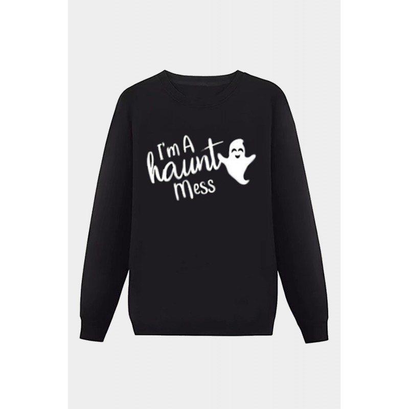 Halloween Letter Ghost Print Crew Neck Men's Sweatshirt