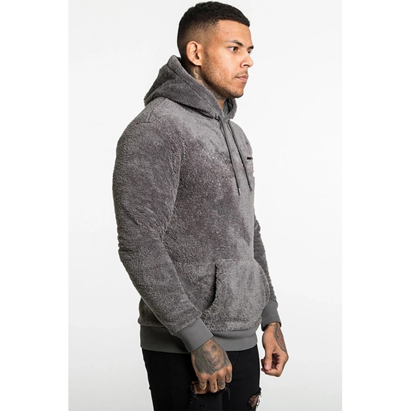 Gray Letter Print Fleece Long Sleeve Men's Hoodie